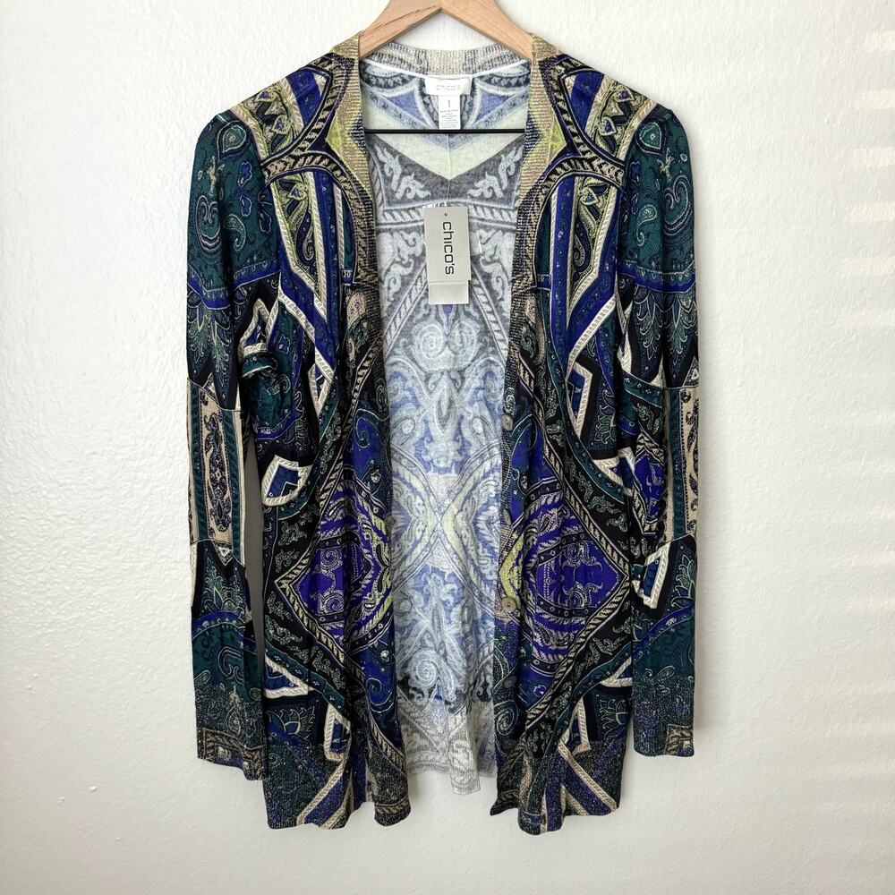Vintage NWT Chicos Womens Multicolor Peyton Cardigan Mosaic Hippie Size Medium